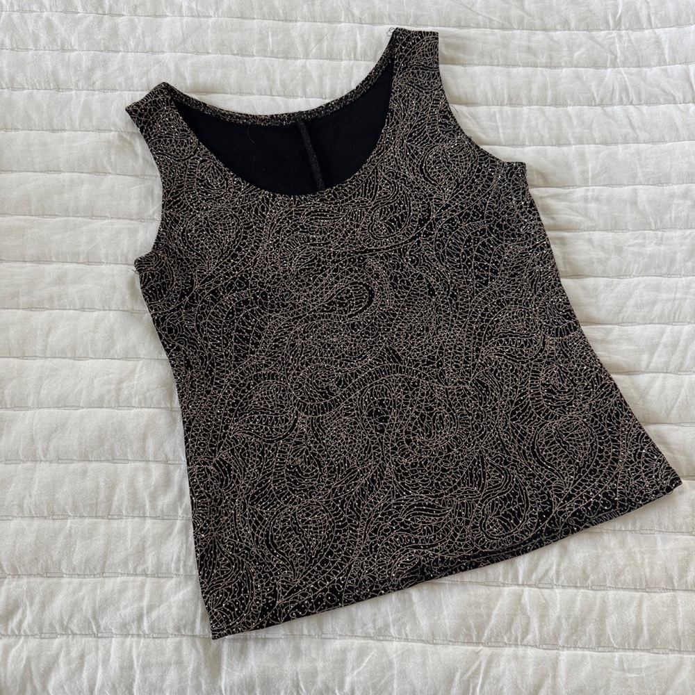 VINTAGE Y2K 90s black gold shine glitter stretch tank top size XS